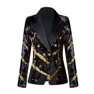 Chaqueta blazer de lujo para mujer con lentejuelas, doble botonadura, prenda brillante elegante.