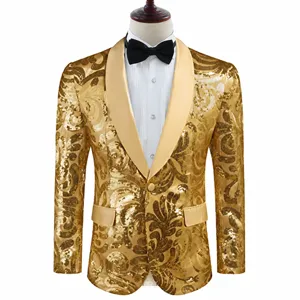 Men Shiny Sequin Blazer Jacket Luxurious Paisley Glitter Suit Jacket For Stage Performance Banquet Wedding Party Hosting Formal Wear Slim Fit Sequin Top