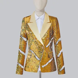 Elegante chaqueta blazer de lentejuelas doradas para mujer con solapa y botones.