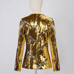 Chaqueta blazer de lentejuelas doradas y plateadas para mujer, elegante prenda de fiesta.