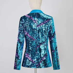Vista trasera de chaqueta blazer de lentejuelas bicolor para mujer con solapa azul elegante.