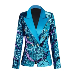 Mujer blazer lentejuelas brillante doble botonadura manga larga chaqueta fiesta chic