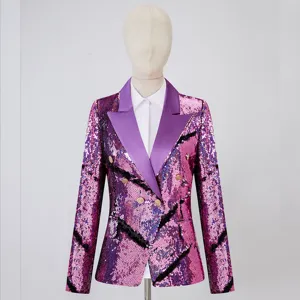 Mujer blazer de lentejuelas bicolor cruzado elegante chaqueta de fiesta moda