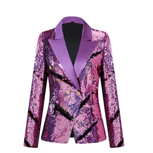 Mujer elegante chaqueta blazer de lentejuelas con solapa cruzada brillante para fiesta
