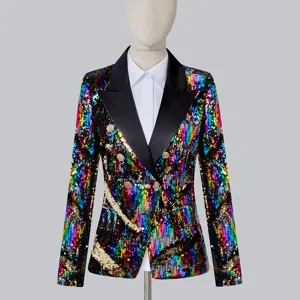 Impresionante blazer de lentejuelas multicolores con solapas negras y botones, vista detalle.