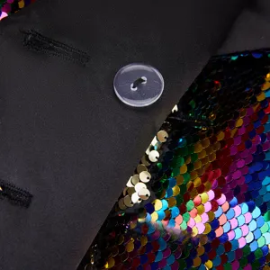 Vista detallada de la chaqueta de lentejuelas para mujer con solapa negra y brillo.