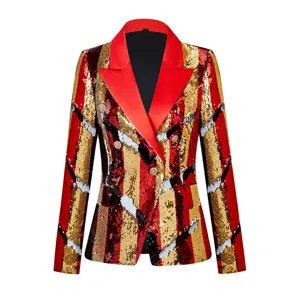 Impresionante blazer de lentejuelas rojas y doradas para mujer con solapa clásica y botones.