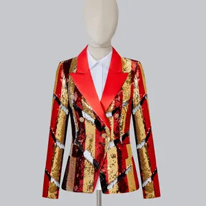 Chaqueta blazer elegante de lentejuelas para mujer con solapa de color y doble botonadura.