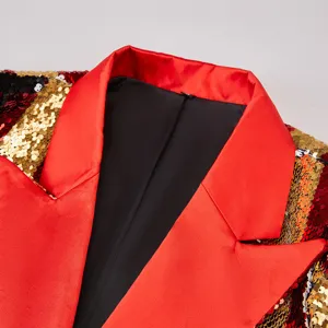Vista detallada de blazer de lentejuelas para mujer con solapa de satén rojo, chaqueta elegante.