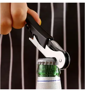 Multi-functional waiter corkscrew wine and beer bottle opener for home and commercial bar use.