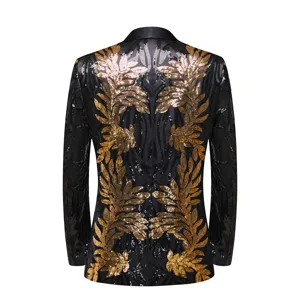 Men's black sequin blazer featuring stunning gold leaf applique, perfect for stage and party.