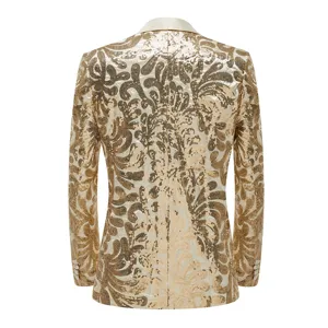 Gold sequin blazer back detail, ornate floral pattern, slim fit evening jacket style.