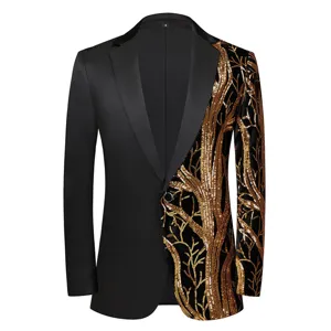 Ανδρικό στενό σακάκι blazer με παγιέτες χρυσό μοτίβο κλάδου μαύρο κοστούμι πάρτι