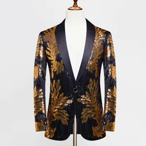 Men gold sequins applique suit jacket blazer, stage performance singer host outerwear details.