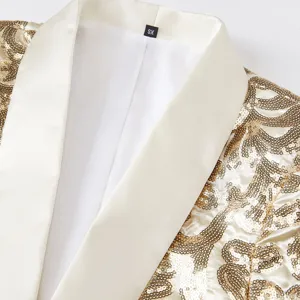 Men gold sequin blazer detail view, white shawl lapel, premium shiny fabric, elegant party jacket.