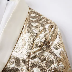 Men's fashion luxury sequin blazer detail shot, elegant gold embroidery party suit jacket.
