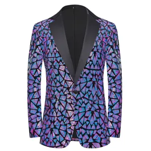 Men's colorful sequin blazer jacket with geometric triangle pattern and black satin lapel.