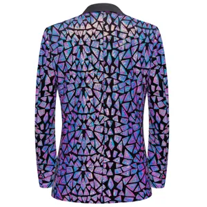 Men's sequin blazer jacket back view showing colorful geometric triangle pattern and black collar.