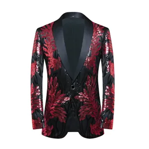 Men's stylish black blazer with red sequin floral pattern and black shawl lapel for party.