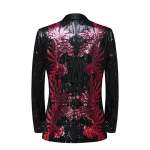 Men's sequin floral blazer jacket, stylish black stage party suit outerwear for singers.