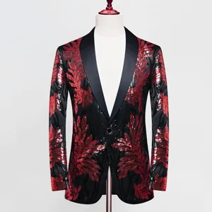 Men's sequin floral embroidered blazer detail, black and red stage performance suit jacket.