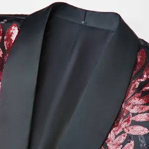 Close up view of luxury mens black blazer with striking red sequin lapel details.