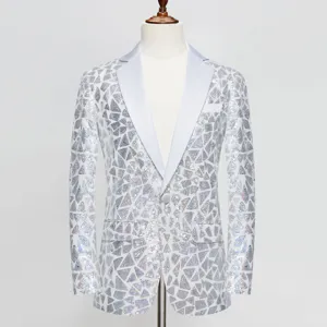 Men silver triangular sequin suit jacket detail view, stylish stage evening party wear.