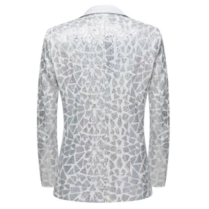 Men's white sequin blazer jacket back detail with geometric triangle sequins for party stage wear.