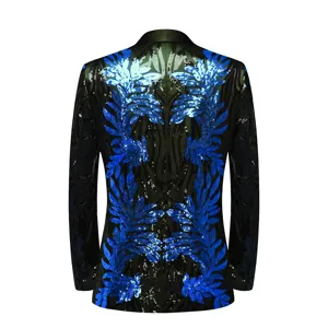 Detailed back view of men's sequin blazer featuring sparkling blue leaf embroidery patterns.