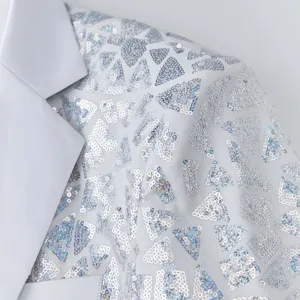 Men's white sequin blazer detail, stylish geometric triangle pattern party suit jacket.