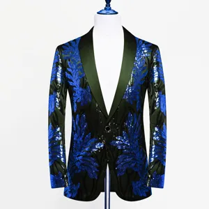 Men's blue sequin floral patterned blazer jacket, stylish stage performance suit coat with shawl lapel.