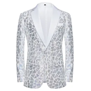 Mens sparkly sequin blazer jacket metallic geometric pattern party performance outerwear