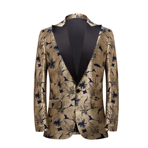Blazer veste slim fit élégant vintage doré à motif floral pour homme avec col revers noir.