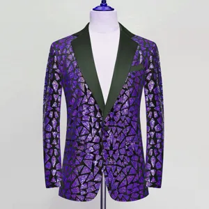Men's purple sequin blazer with black lapel, perfect for parties, proms, and stage performances.