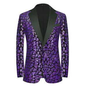 Men's purple triangle sequin suit jacket, stylish slim fit blazer for party and stage performance.