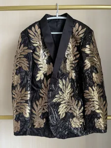 Men's Black and Gold Sequin Blazer Jacket Shawl Lapel Party Stage Performance Suit