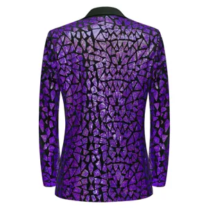 Men purple sequin blazer jacket detail back view, glittering geometric pattern fabric for party.