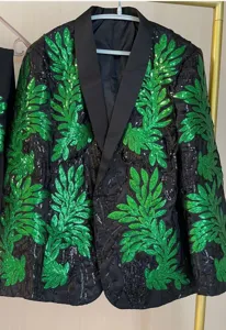Men Green Sequin Blazer Black Suit Jacket Stage Performance Host Outerwear Details Close-up