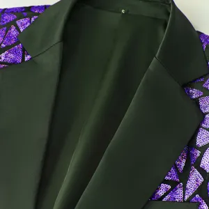 Men's dark green sequin blazer jacket with purple geometric pattern detail for parties.