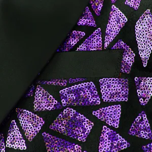 Men's sequin suit jacket fabric detail close-up, purple geometric pattern party performance.