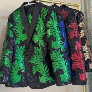 Men's sequin blazer suit jacket featuring glittering leaf applique and shawl lapel for party.