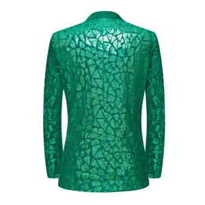 Men's green sequin suit jacket back view, sparkling geometric triangle party blazer apparel.