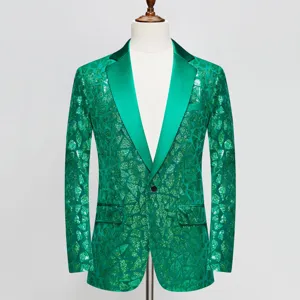 Green sequin men suit jacket detail, satin lapel texture, single button close view