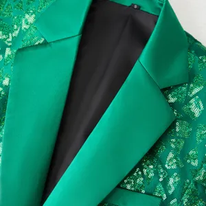 Men's green sequin blazer detail view showing satin lapel and texture for party performance