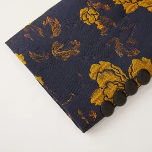 Hommes rétro jacquard floral costume veste poignet détail, bleu foncé luxe blazer décontracté.