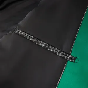 Close-up detail of men's suit jacket interior lining with contrast green fabric and trim.