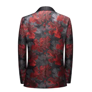 Vue arrière détaillée de veste de costume jacquard à fleurs rétro pour hommes.