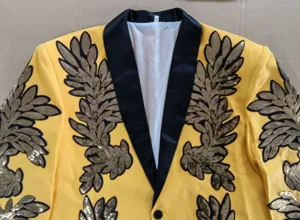 Chaqueta blazer amarilla de lentejuelas doradas para hombre solapa negra traje de escena XL