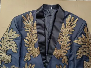 Hombre lujo oro lentejuelas bordadas blazer chaqueta negro satén solapa fiesta