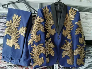 Conjunto de traje de hombre con lentejuelas doradas chaqueta pantalon escena
